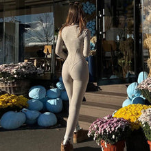Women's Long-sleeved Zipped Round Neck Long Jumpsuit