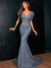 V-neck Hip Sequined Bell Sleeve Long Dress