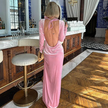 Velvet Off-neck Rose Decorative Strap Bare Back Long Sleeve Dress