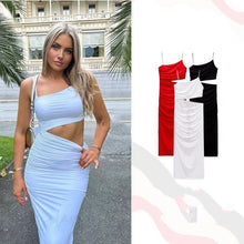 Summer New Women's Solid Color Sexy Pleated Asymmetric Suspender Dress